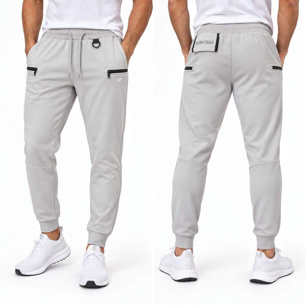 Born Tough Mens XL Gray Athletic Jogger Pants Zip Pocket Tapered Stretch